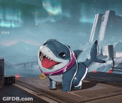 A Cartoon Shark With A Tag That Says Pika On It GIF