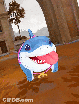 A Cartoon Shark With Its Tongue Hanging Out Is Wearing A Pink Ring That Says ' Nfp ' On It GIF
