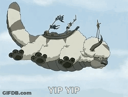 A Cartoon Sheep Is Flying Through The Air With A Group Of People Riding On Its Back . GIF