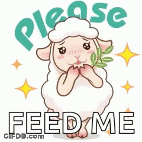 A Cartoon Sheep Is Holding A Leaf In Its Mouth And Asking To Feed It . GIF