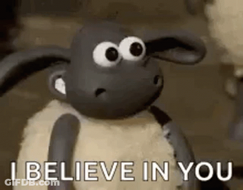 A Cartoon Sheep Is Saying `` I Believe In You '' While Standing Next To Another Sheep . GIF