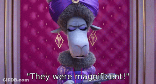 A Cartoon Sheep Says " They Were Magnificent " In Front Of A Purple Background GIF