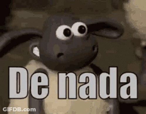 A Cartoon Sheep With Big Eyes And The Words `` De Nada '' Written On It . GIF