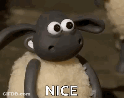 A Cartoon Sheep With Big Eyes Is Sitting Down And Says `` Nice '' . GIF