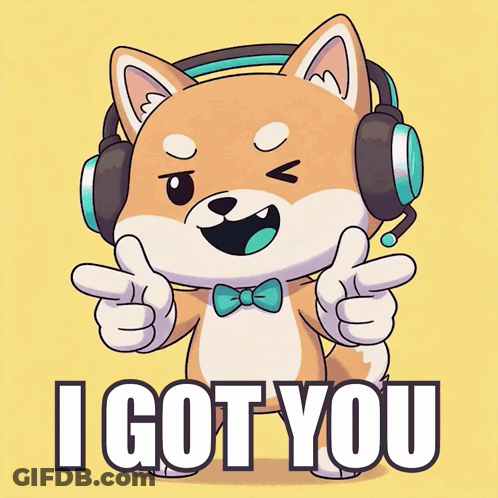 A Cartoon Shiba Inu Wearing Headphones And A Bow Tie Says I Got You GIF