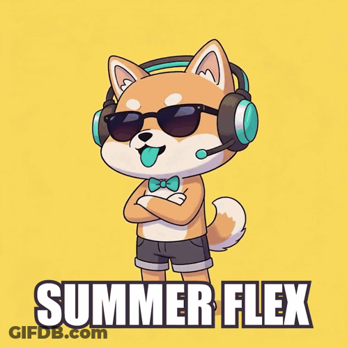 A Cartoon Shiba Inu Wearing Headphones And Sunglasses With The Words Summer Flex Below It GIF