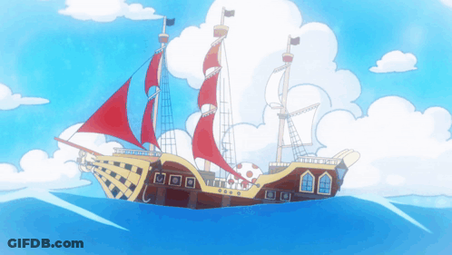 A Cartoon Ship With Red Sails Is Floating On The Water GIF