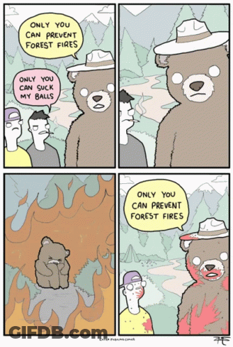 A Cartoon Shows A Bear Talking To A Man Who Is Smoking A Cigarette And Says Only You Can Prevent Forest Fires GIF