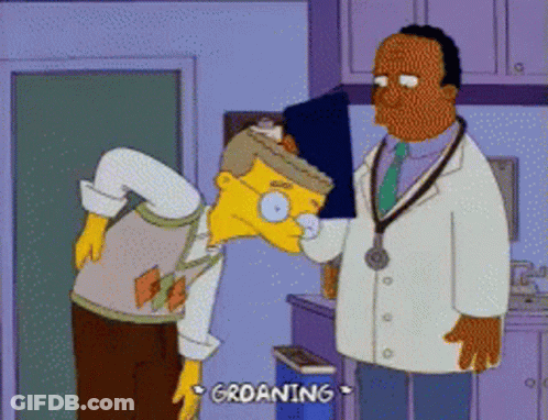 A Cartoon Shows A Doctor Examining A Patient 'S Back And Groaning GIF