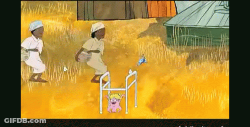 A Cartoon Shows A Girl In A Walker And A Man In A White Robe GIF