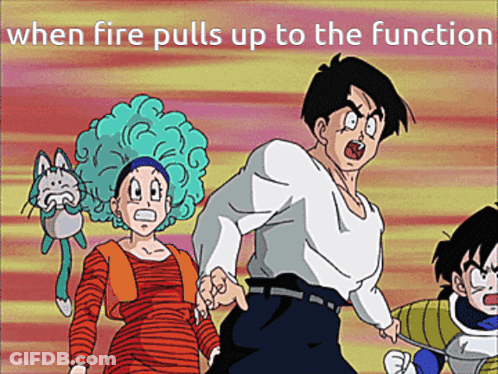 A Cartoon Shows A Man And A Woman Holding Hands With The Caption When Fire Pulls Up To The Function GIF