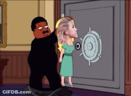 A Cartoon Shows A Man And A Woman Standing In Front Of A Safe GIF