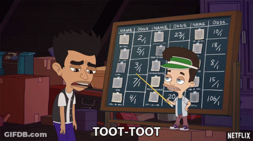 A Cartoon Shows A Man Pointing At A Board That Says Toot-Toot GIF