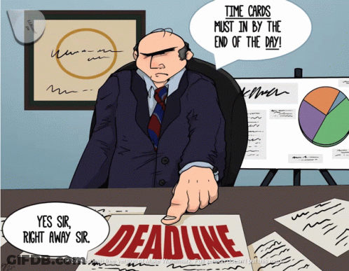 A Cartoon Shows A Man Pointing At A Sign That Says Deadline GIF