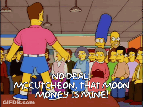A Cartoon Shows A Man Standing In Front Of A Crowd With The Words No Deal Mccutcheon That Moon Money Is Mine GIF