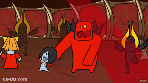 A Cartoon Shows A Red Monster With Horns And A Yellow Flame GIF
