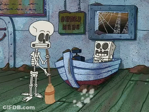 A Cartoon Skeleton Holding A Broom Next To A Sign That Says Order Here GIF