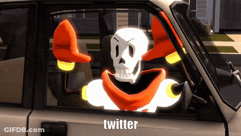 Skeleton In Car With Twitter Text GIF