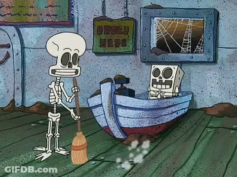 A Cartoon Skeleton Is Holding A Broom Next To A Sign That Says Order Here GIF