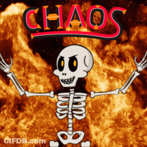 A Cartoon Skeleton Is Standing In Front Of A Chaos Sign GIF