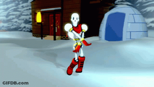A Cartoon Skeleton Standing In The Snow In Front Of A House GIF