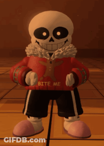 A Cartoon Skeleton Wearing A Sweater That Says Bite Me GIF