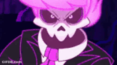 A Cartoon Skeleton With Pink Hair And A Suit And Tie Is Looking At The Camera . GIF