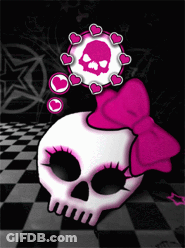 A Cartoon Skull With A Pink Bow And Hearts GIF
