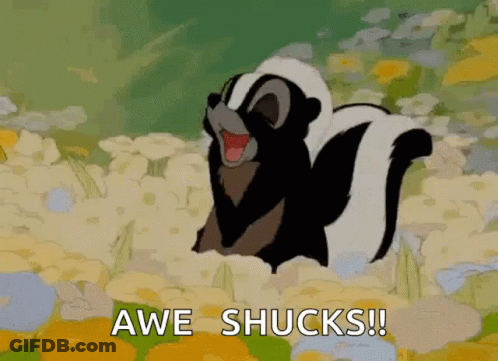 A Cartoon Skunk Is Standing In A Field Of Flowers And The Caption Says Awe Shucks GIF
