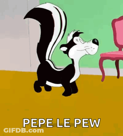 A Cartoon Skunk Is Standing On A Yellow Carpet Next To A Chair And Says `` Pepe Le Pew '' . GIF