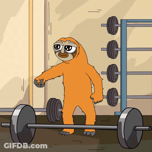 A Cartoon Sloth Is Lifting A Barbell With A Pair Of Dumbbells GIF