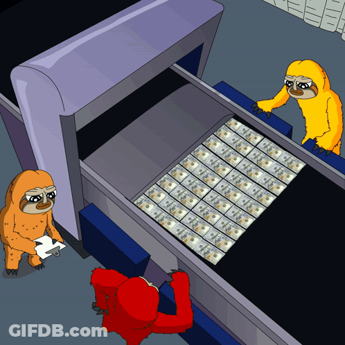 A Cartoon Sloth Is Looking At A Conveyor Belt Filled With Money GIF