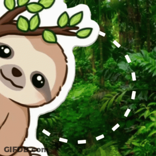 A Cartoon Sloth Is Peeking Out From Behind A Tree Branch With Leaves GIF