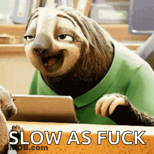 A Cartoon Sloth Is Sitting At A Desk With The Words Slow As Fuck On The Bottom GIF
