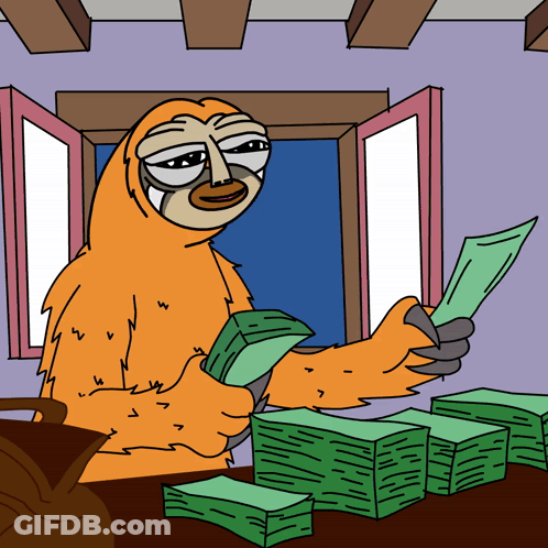 A Cartoon Sloth Is Sitting At A Table With Stacks Of Money GIF