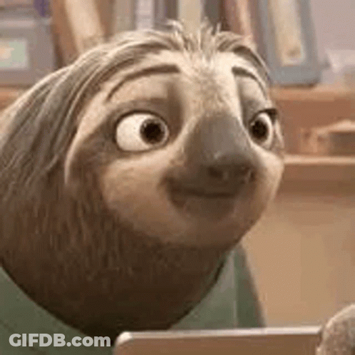 A Cartoon Sloth Is Smiling And Looking At A Tablet . GIF