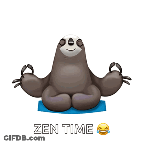 A Cartoon Sloth Sits On A Yoga Mat With The Words Zen Time Below Him GIF