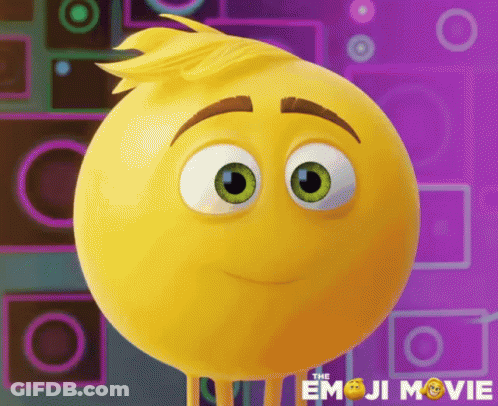 A Cartoon Smiley Face From The Emoji Movie Is Standing In Front Of A Purple Background GIF