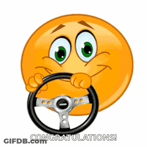 A Cartoon Smiley Face Is Holding A Steering Wheel And The Words Congratulations Are Below It GIF
