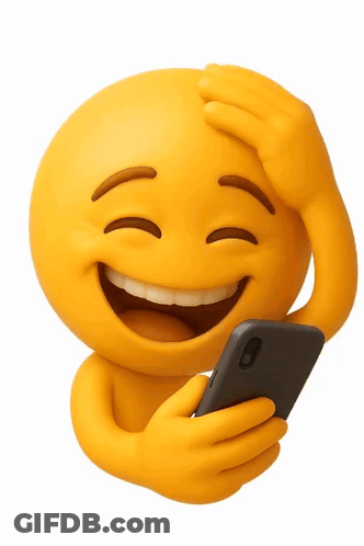 A Cartoon Smiley Face Is Laughing While Holding A Cell Phone GIF