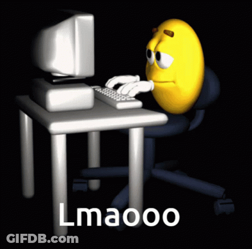 A Cartoon Smiley Face Is Typing On A Computer And The Word Lmaoo Is On The Table In Front Of Him GIF