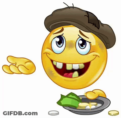 A Cartoon Smiley Face Wearing A Hat Is Holding A Plate Of Money . GIF