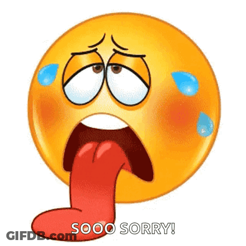 A Cartoon Smiley Face With A Long Tongue Sticking Out And The Words Sooo Sorry Written Below It . GIF