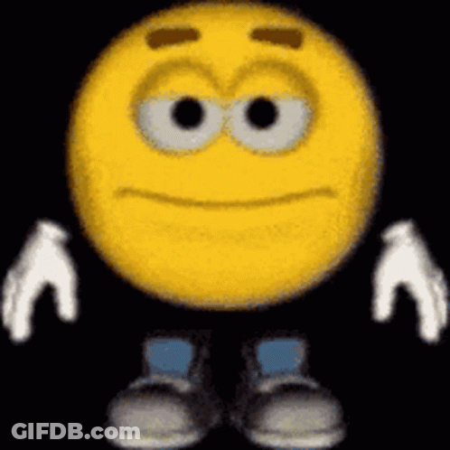 A Cartoon Smiley Face With Arms And Legs Is Wearing A Pair Of Blue Jeans And White Gloves . GIF