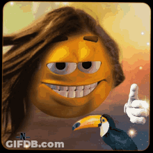 A Cartoon Smiley Face With Long Hair And A Toucan In The Background GIF