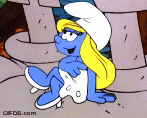 A Cartoon Smurf Wearing A White Dress And A White Hat GIF