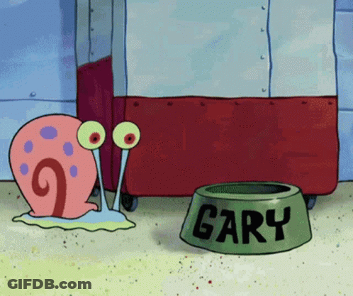 A Cartoon Snail Is Standing Next To A Bowl With The Name Gary On It GIF