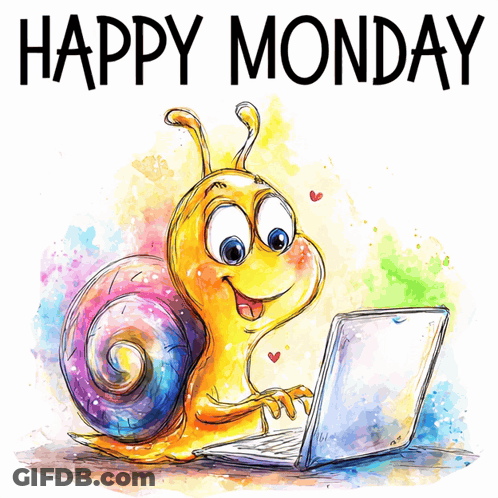 A Cartoon Snail Is Typing On A Laptop With The Words Happy Monday Above It GIF
