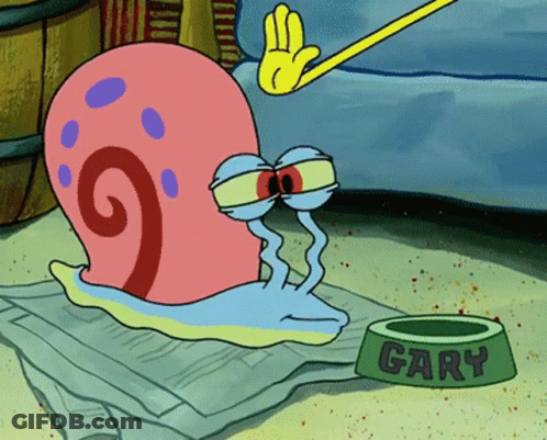 A Cartoon Snail Named Gary Sits Next To A Bowl Of Food GIF