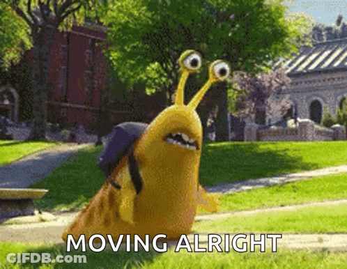 A Cartoon Snail With A Backpack On Its Back Is Moving Alright GIF